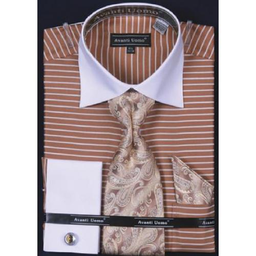 Avanti Uomo Tan Horizontal Stripe Two Tone Shirt / Tie / Hanky Set With Free Cufflinks DN55M